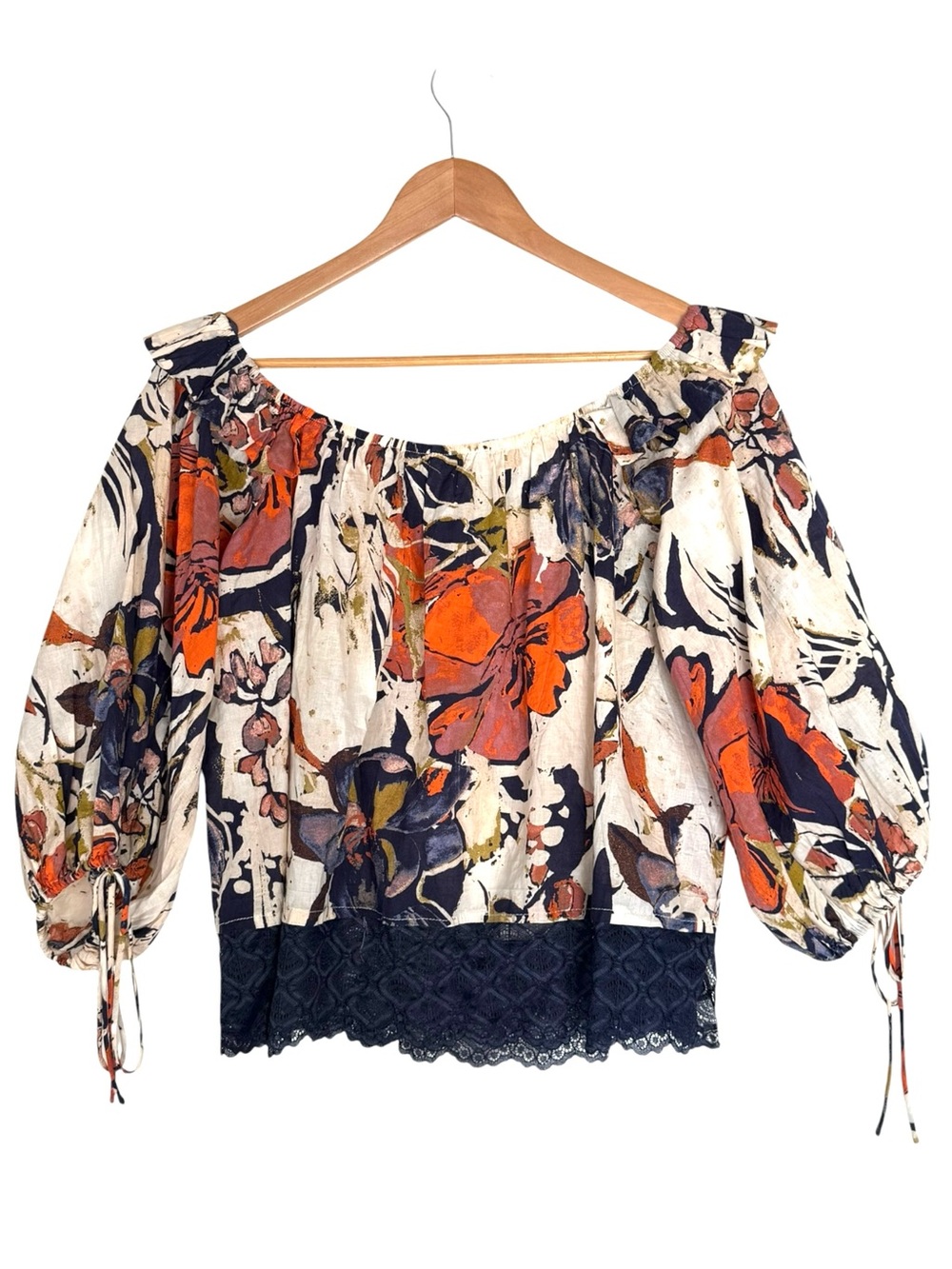 Free People off shoulder peasant floral top w/ lace hem LARGE